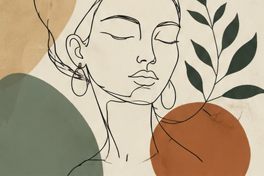 Tablou decorativ line art femeie cu frunze si forme boho