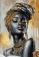 Tablou decorativ Gratie africana - portret cu turban auriu pe fundal patinat
