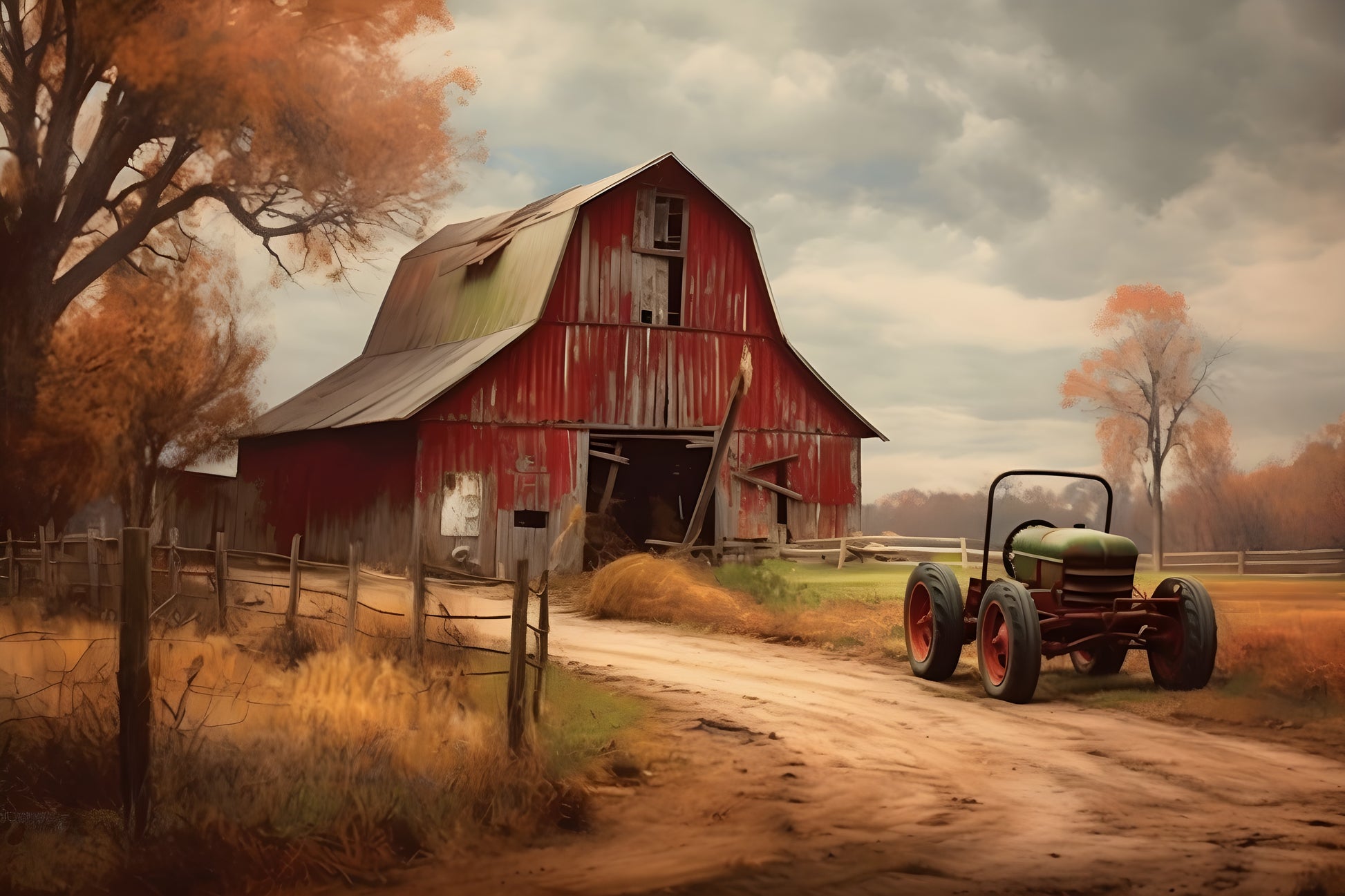 Tablou decorativ hambar rosu cu tractor toamna