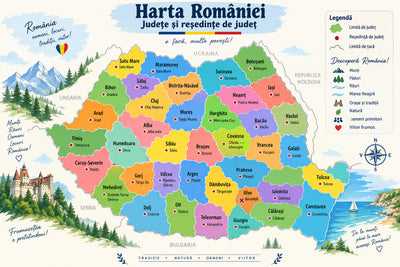 Plansa educativa - Harta Romaniei cu Judete Ilustrata