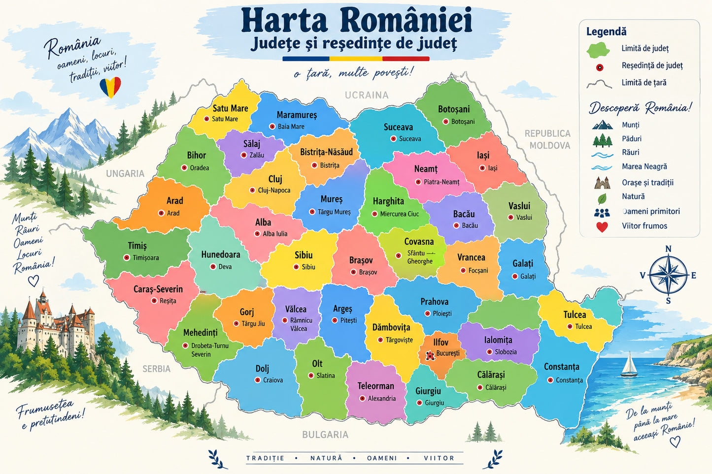 Plansa educativa - Harta Romaniei cu Judete Ilustrata