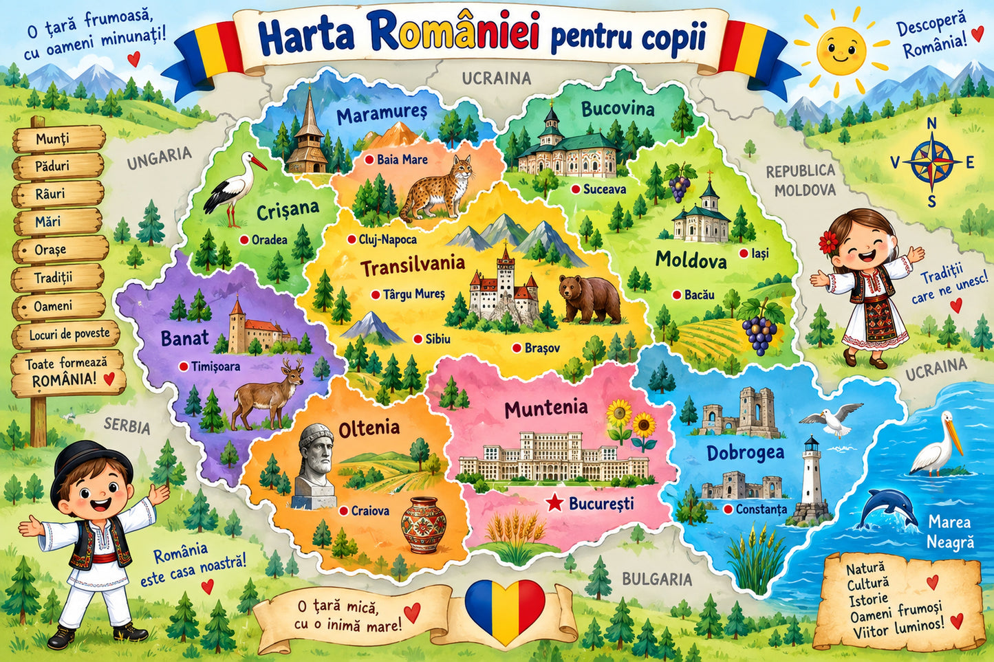 Plansa educativa - Harta Romaniei pentru Copii
