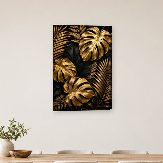Tablou decorativ - Frunze Gold & Black pe perete, in camera - Zibo.ro
