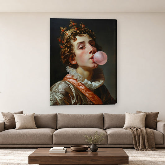 Tablou decorativ - Baiatul cu coroana si guma de mestecat pe perete, in camera - Zibo.ro