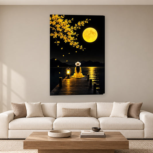 Tablou decorativ - Barca rosie sub luna plina pe perete, in camera - Zibo.ro
