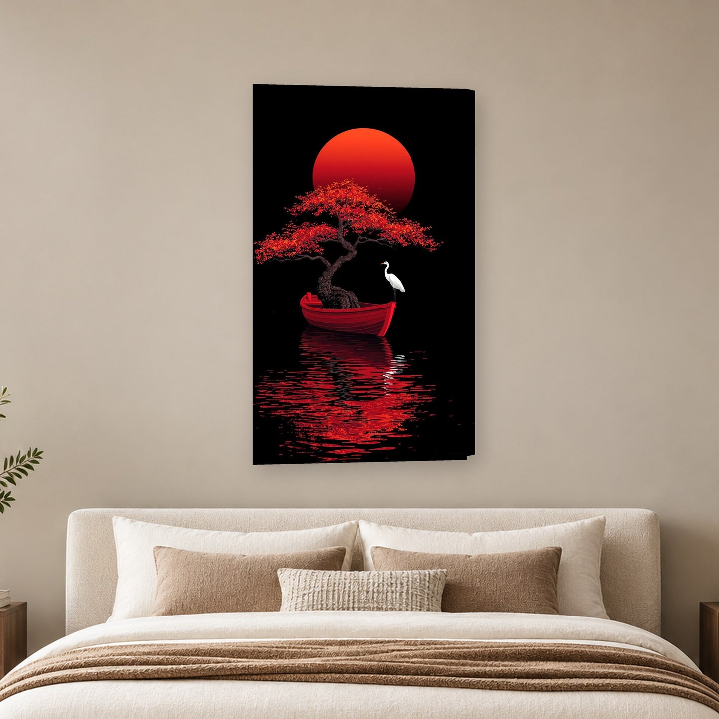 Tablou decorativ - Bonsai rosu sub luna stacojie pe perete, in camera - Zibo.ro