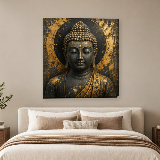 Tablou decorativ - Buddha cu Accente Aurii pe perete, in camera - Zibo.ro