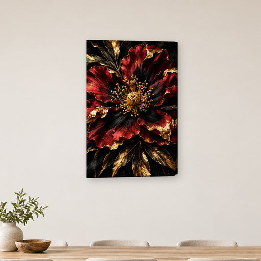 Tablou decorativ - Bujor rosu cu miez auriu pe perete, in camera - Zibo.ro