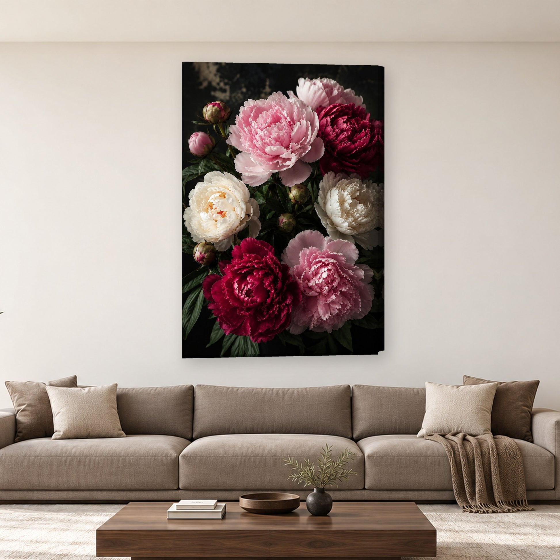 Tablou decorativ - Bujorii pe Negru pe perete, in camera - Zibo.ro