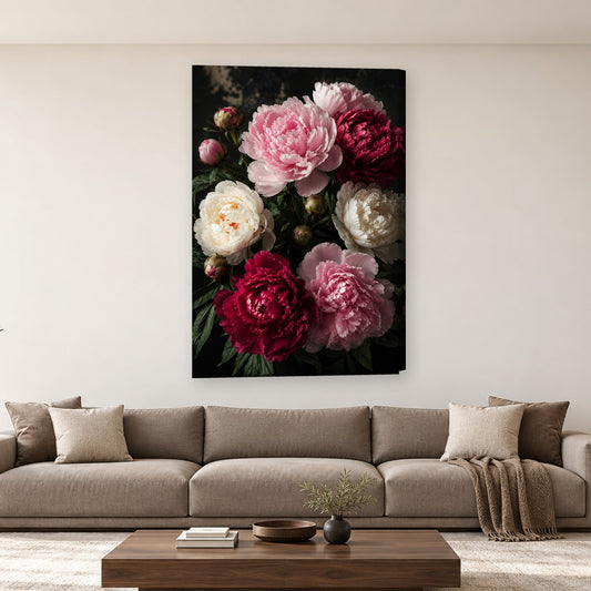 Tablou decorativ - Bujorii pe Negru pe perete, in camera - Zibo.ro