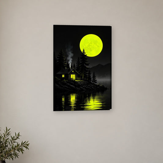 Tablou decorativ - Cabana cu fum sub luna verde pe perete, in camera - Zibo.ro