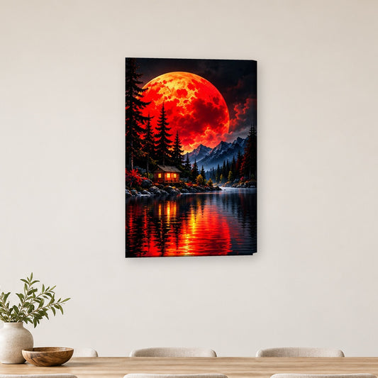 Tablou decorativ - Cabana sub luna rosie pe perete, in camera - Zibo.ro