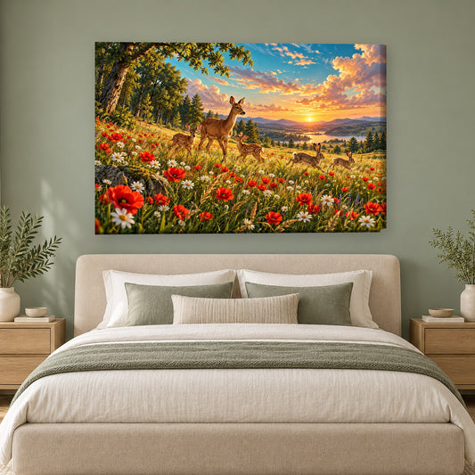 Tablou decorativ - Caprioare in Maci pe perete, in camera - Zibo.ro