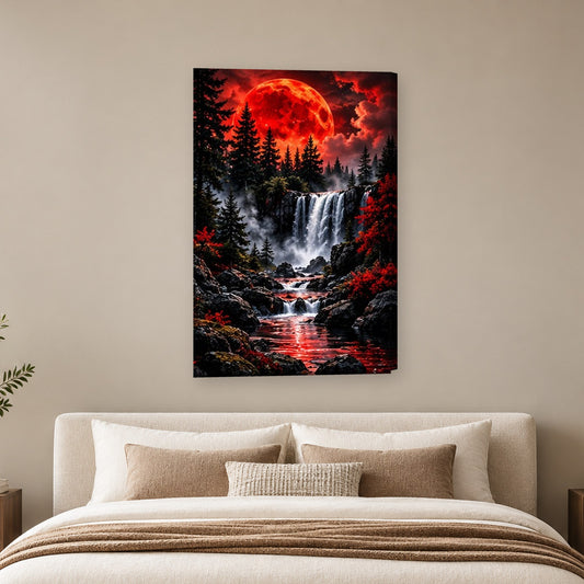 Tablou decorativ - Cascada dubla sub luna rosie pe perete, in camera - Zibo.ro