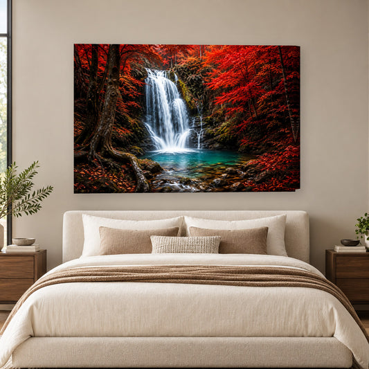 Tablou decorativ - Cascada in padurea rosie pe perete, in camera - Zibo.ro