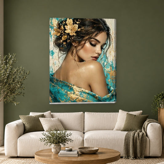Tablou decorativ - Coc cu flori de aur pe perete, in camera - Zibo.ro