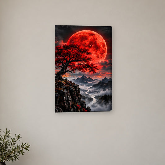 Tablou decorativ - Copac pe stanca sub luna rosie pe perete, in camera - Zibo.ro