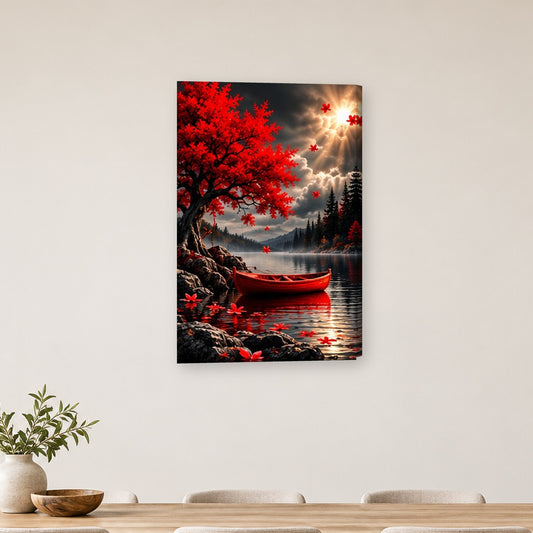 Tablou decorativ - Copac rosu cu barca pe perete, in camera - Zibo.ro
