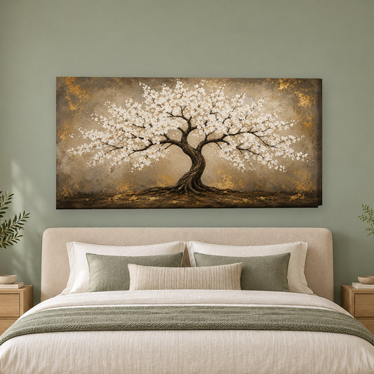 Tablou decorativ - Copacul inflorit alb pe perete, in camera - Zibo.ro