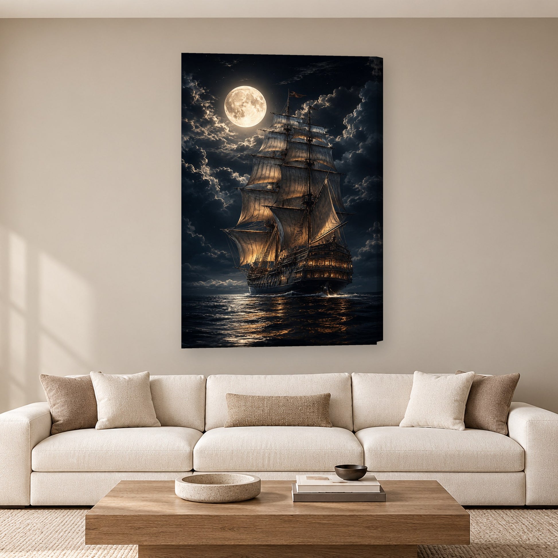 Tablou decorativ - Corabia sub Luna Plina pe perete, in camera - Zibo.ro