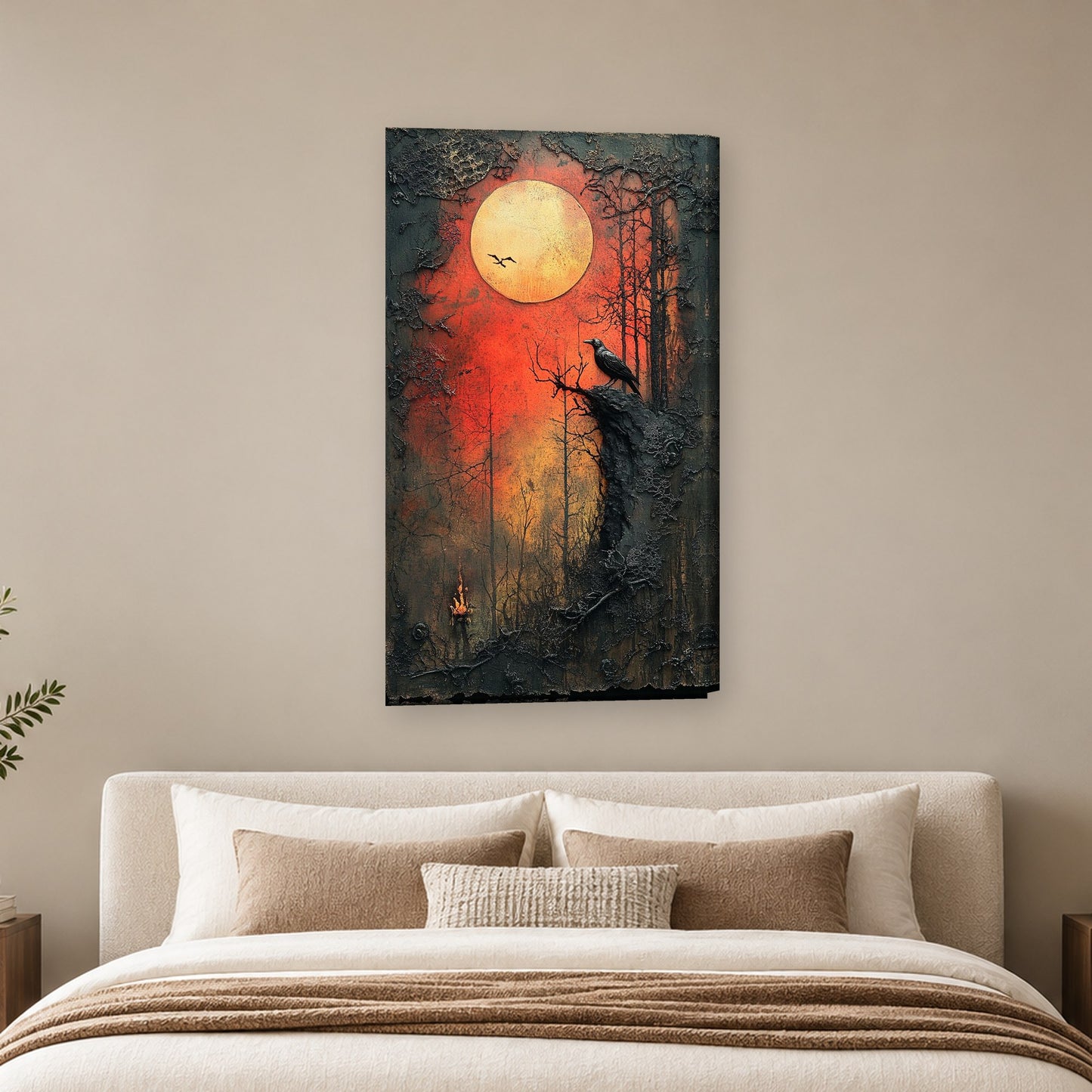Tablou decorativ - Corbul sub luna rosie pe perete, in camera - Zibo.ro