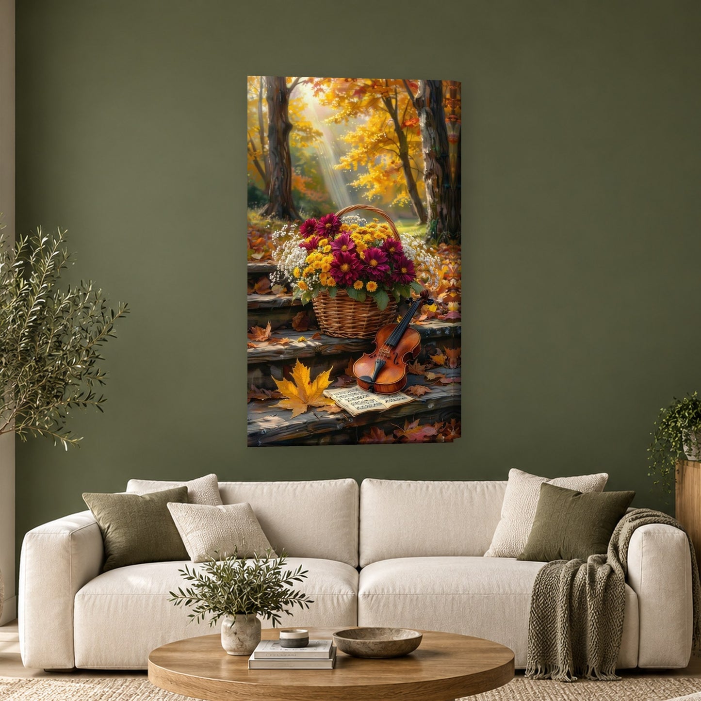 Tablou decorativ - Cosul cu flori si vioara pe perete, in camera - Zibo.ro