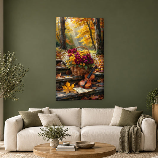 Tablou decorativ - Cosul cu flori si vioara pe perete, in camera - Zibo.ro