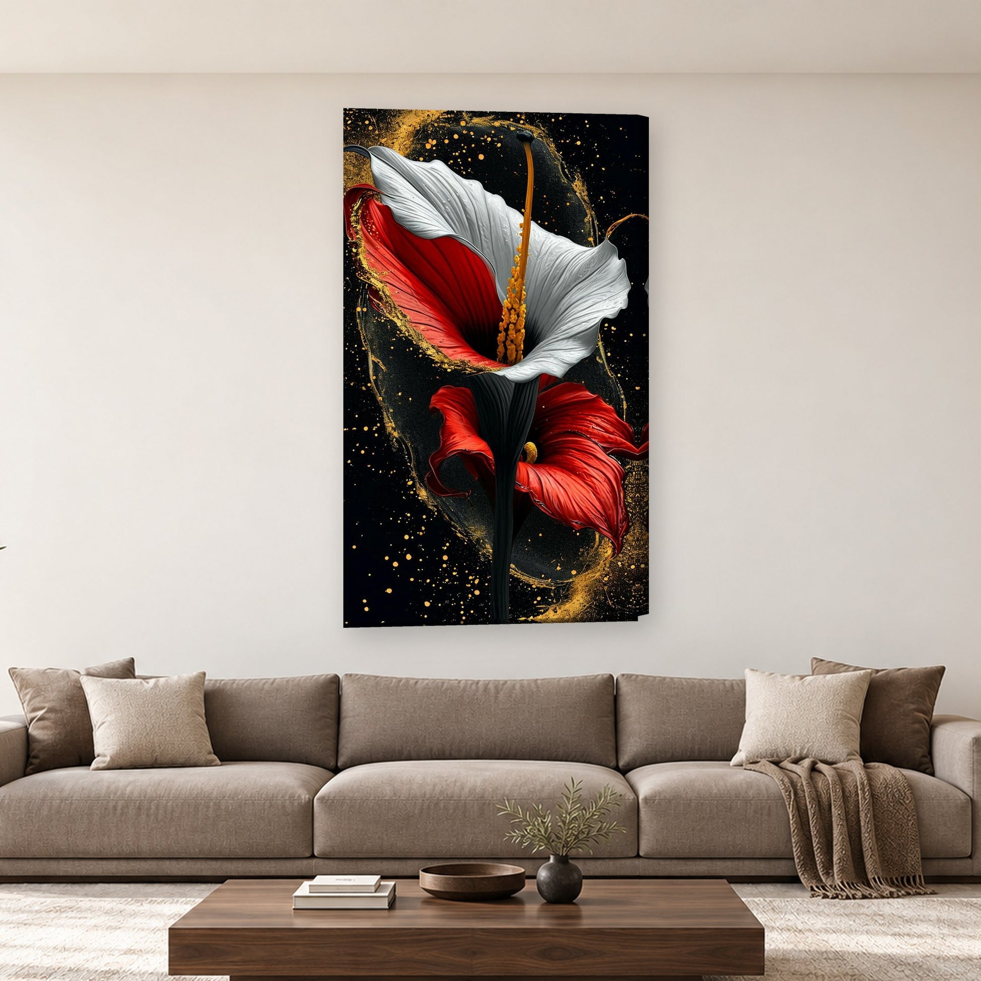 Tablou decorativ - Crinul rosu-alb cu aur pe perete, in camera - Zibo.ro