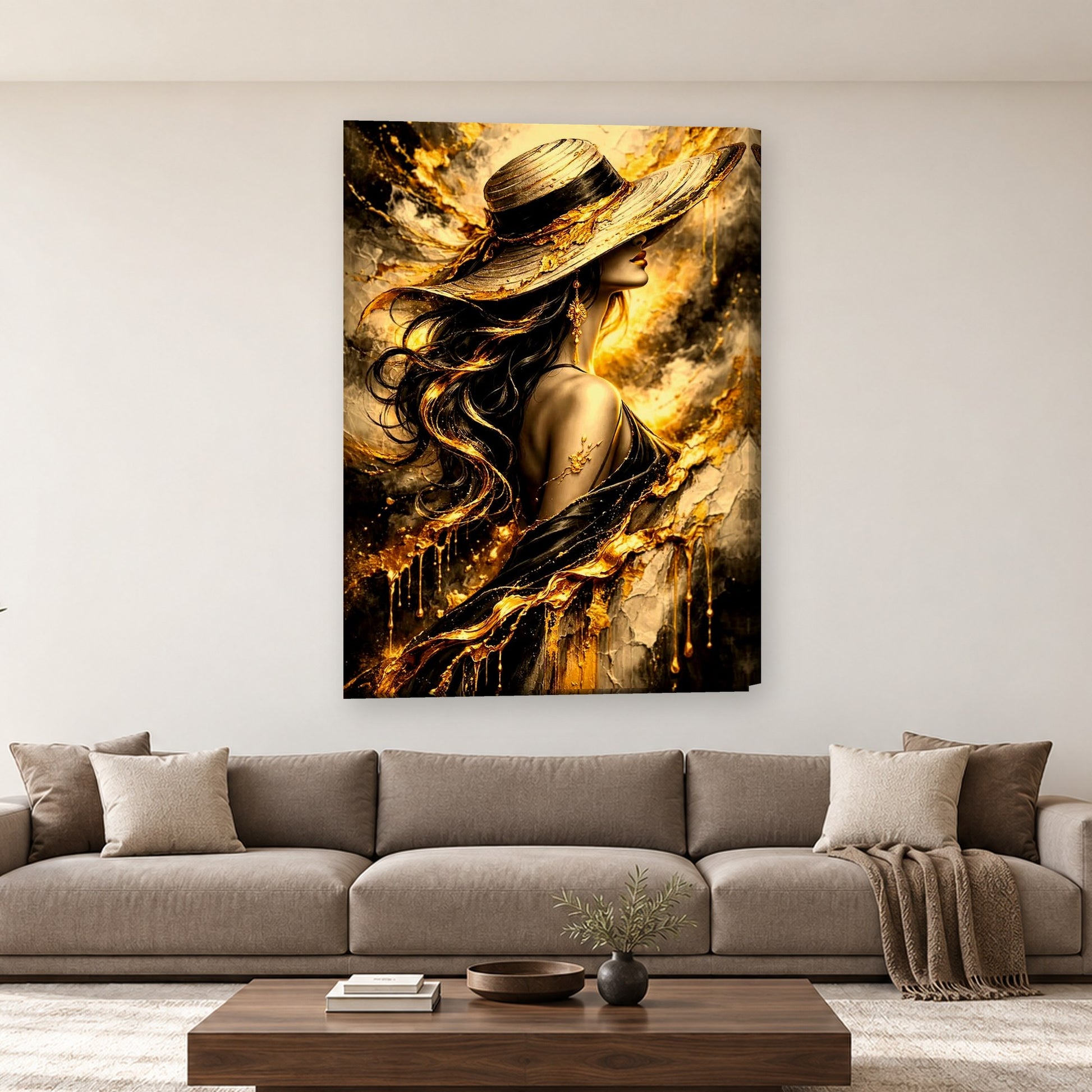 Tablou decorativ - Doamna cu palaria de aur pe perete, in camera - Zibo.ro