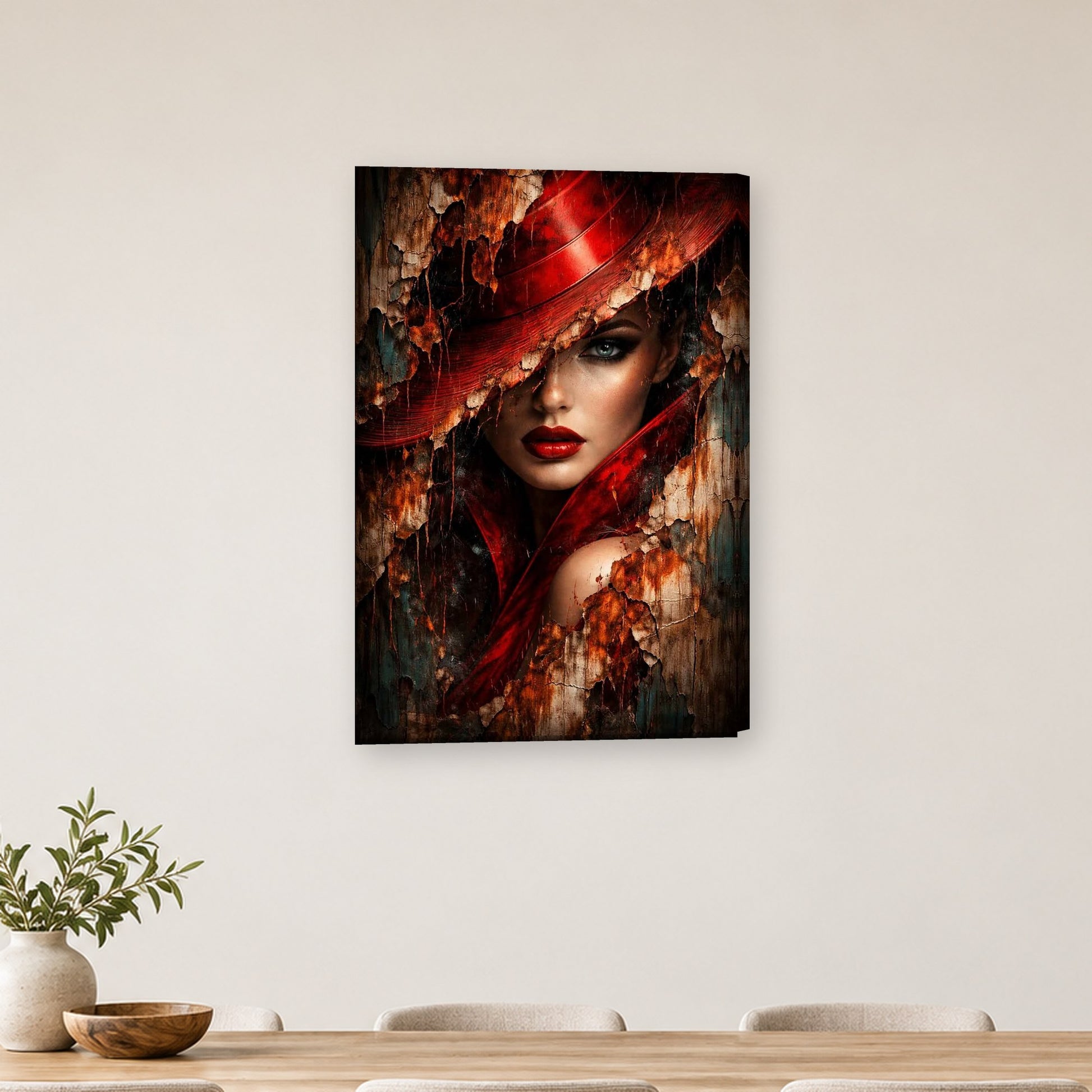 Tablou decorativ - Doamna cu palaria rosie pe perete, in camera - Zibo.ro