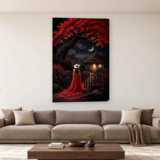 Tablou decorativ - Doua egrete sub luna rosie pe perete, in camera - Zibo.ro