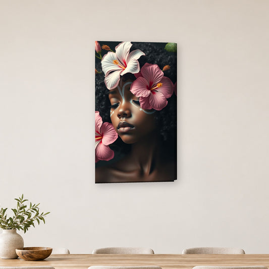 Tablou decorativ - Fata cu hibiscus pe perete, in camera - Zibo.ro