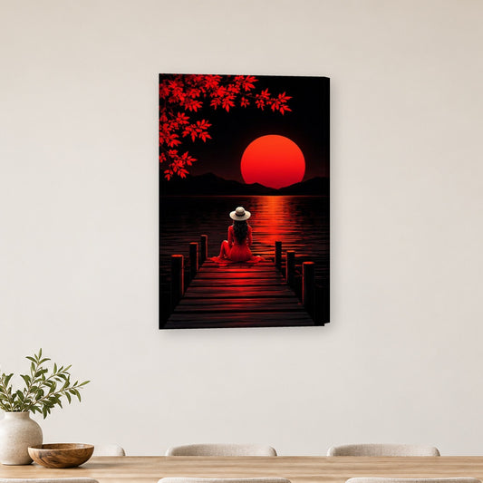 Tablou decorativ - Femeia pe ponton la apus rosu pe perete, in camera - Zibo.ro