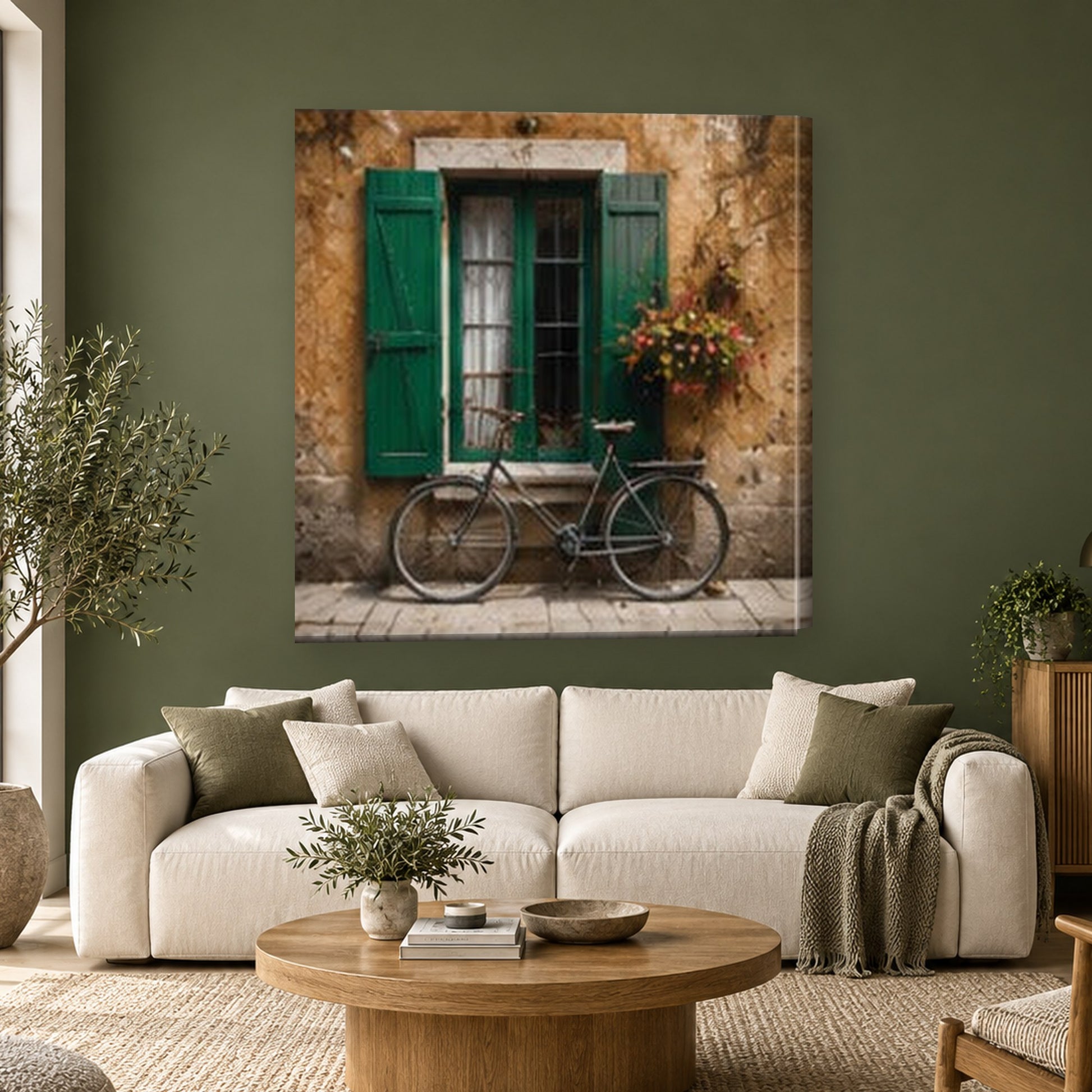 Tablou decorativ - Fereastra cu obloane verzi pe perete, in camera - Zibo.ro