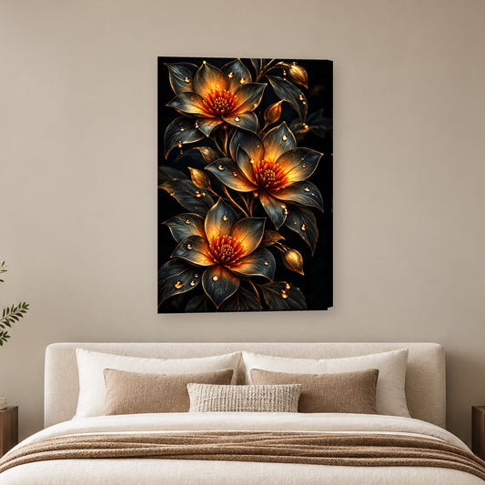 Tablou decorativ - Floare aurie cu roua pe perete, in camera - Zibo.ro