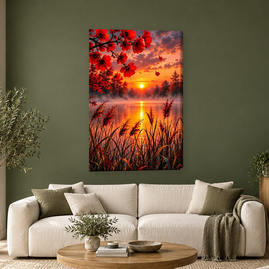 Tablou decorativ - Flori rosii de toamna pe perete, in camera - Zibo.ro