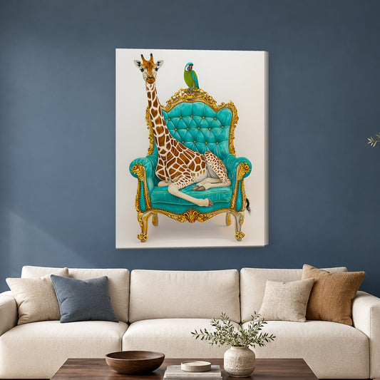 Tablou decorativ - Girafa pe fotoliul turcoaz pe perete, in camera - Zibo.ro