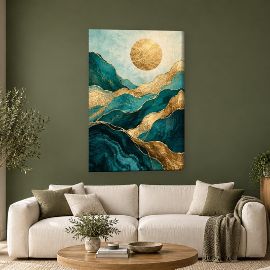 Tablou decorativ - Munti de aur si turcoaz pe perete, in camera - Zibo.ro
