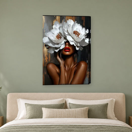Tablou decorativ - Muza cu bujori albi pe perete, in camera - Zibo.ro