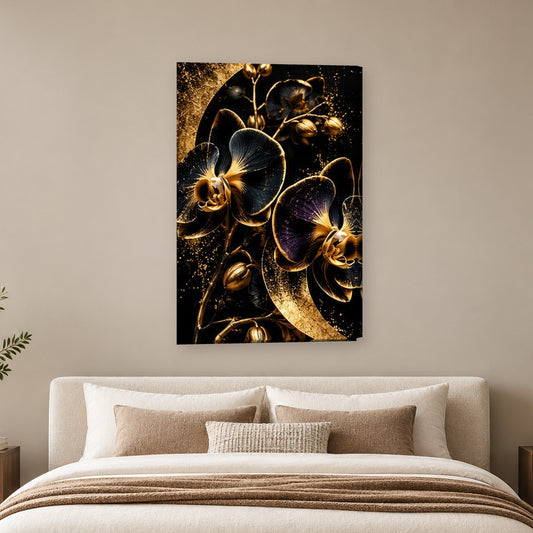 Tablou decorativ - Orhidee neagra si aurie pe perete, in camera - Zibo.ro