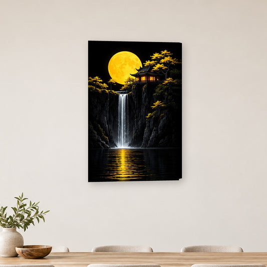 Tablou decorativ - Pagoda cu cascada sub luna aurie pe perete, in camera - Zibo.ro