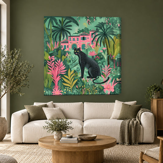 Tablou decorativ - Pantera neagra din jungla roz pe perete, in camera - Zibo.ro