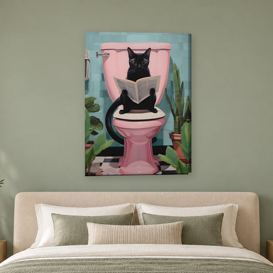 Tablou decorativ - Pisica neagra cu ziarul pe perete, in camera - Zibo.ro