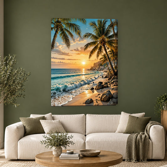 Tablou decorativ - Plaja cu palmieri la asfintit pe perete, in camera - Zibo.ro