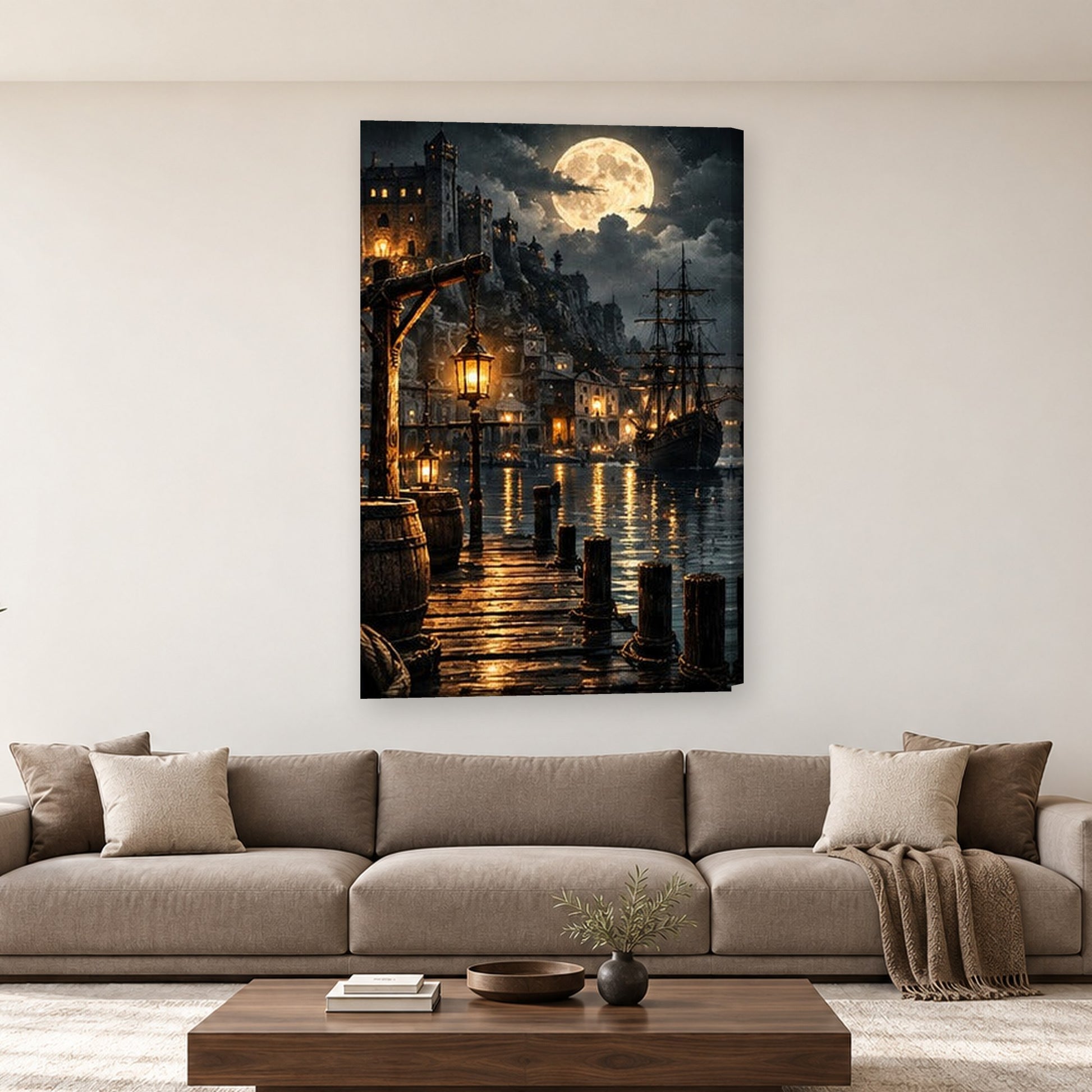 Tablou decorativ - Port pirat sub luna pe perete, in camera - Zibo.ro