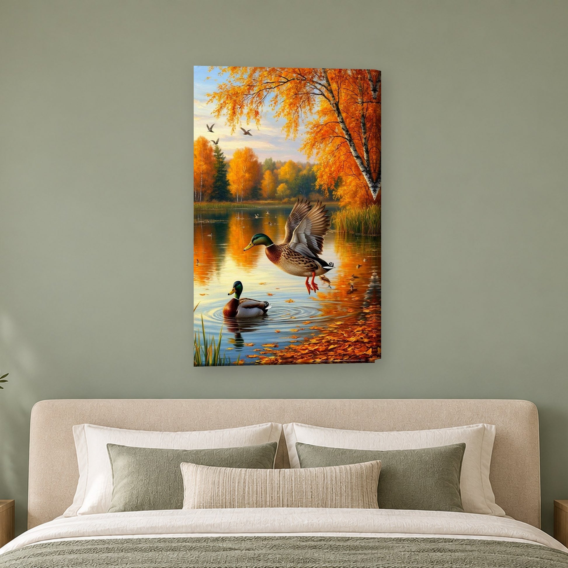Tablou decorativ - Rata salbatica pe lacul de toamna pe perete, in camera - Zibo.ro