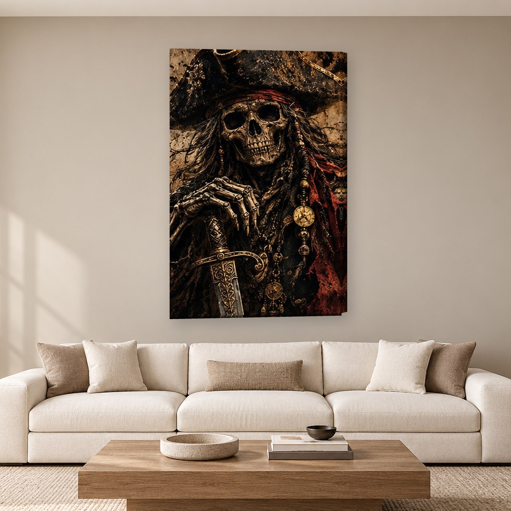 Tablou decorativ - Schelet pirat cu sabie pe perete, in camera - Zibo.ro