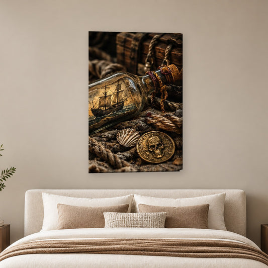 Tablou decorativ - Sticla cu corabie inauntru pe perete, in camera - Zibo.ro