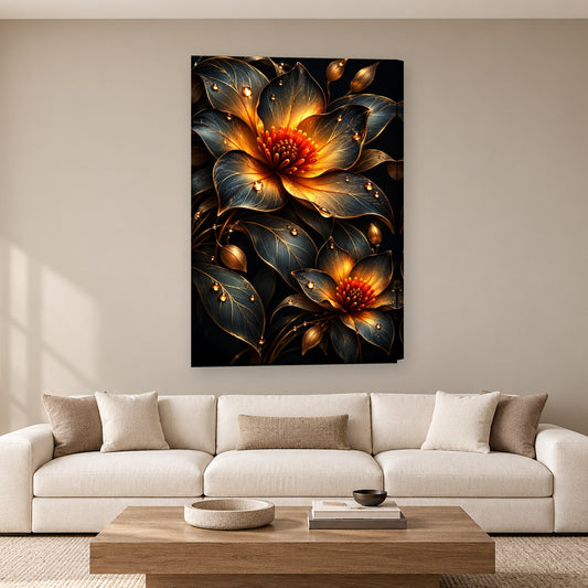 Tablou decorativ - Trio de flori aurii pe perete, in camera - Zibo.ro