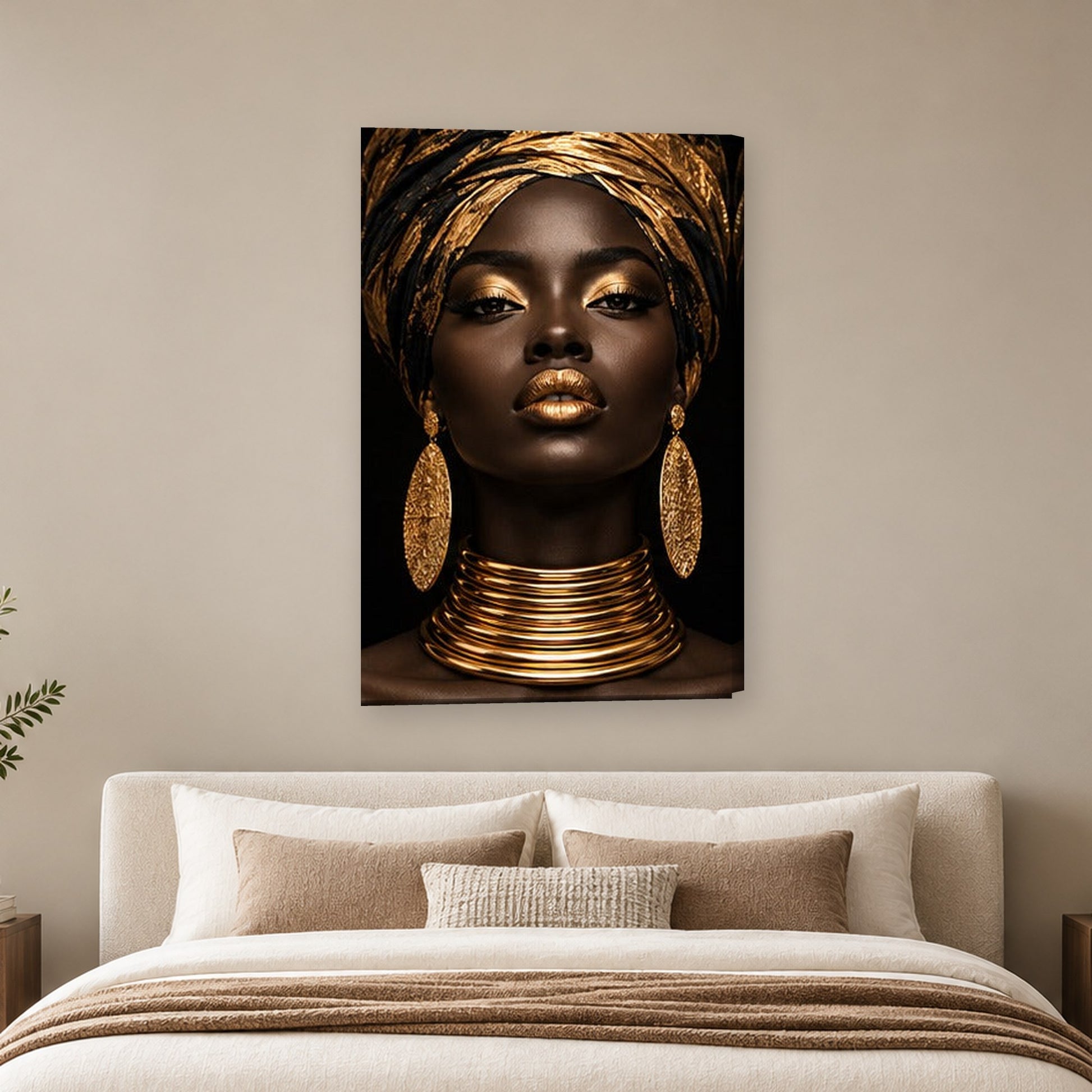 Tablou decorativ - Turban auriu cu cercei mari pe perete, in camera - Zibo.ro